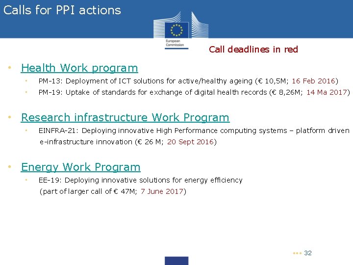 Calls for PPI actions Call deadlines in red • Health Work program • PM-13: Calls for PPI actions Call deadlines in red • Health Work program • PM-13: