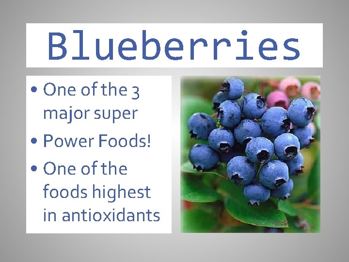 Blueberries • One of the 3 major super • Power Foods! • One of