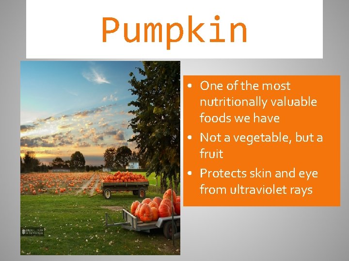 Pumpkin • One of the most nutritionally valuable foods we have • Not a