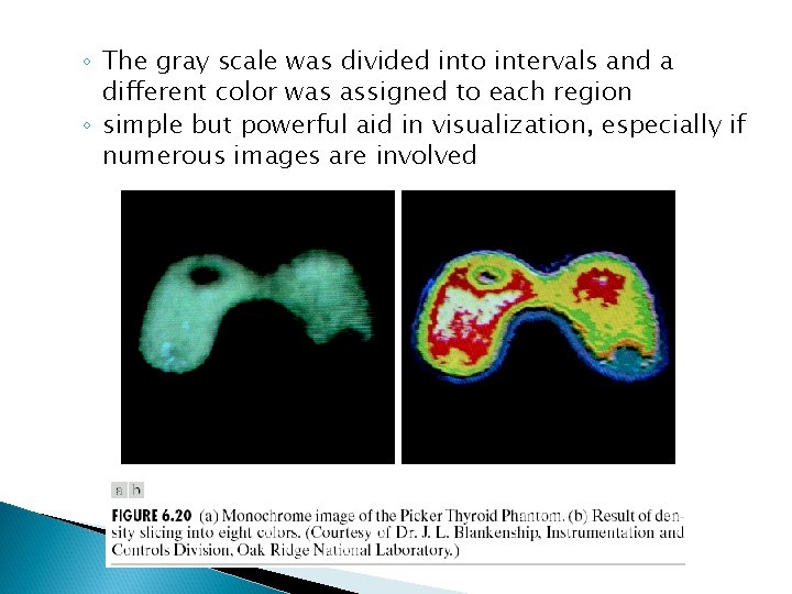 ◦ The gray scale was divided into intervals and a different color was assigned