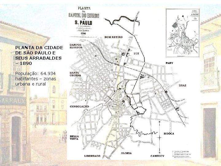 PLANTA DA CIDADE DE SÃO PAULO E SEUS ARRABALDES – 1890 População: 64. 934 PLANTA DA CIDADE DE SÃO PAULO E SEUS ARRABALDES – 1890 População: 64. 934