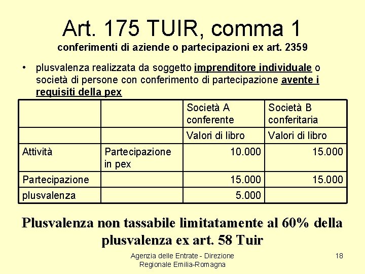 Art. 175 TUIR, comma 1 conferimenti di aziende o partecipazioni ex art. 2359 •