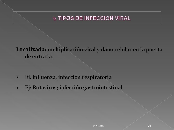  TIPOS DE INFECCION VIRAL Localizada: multiplicación viral y daño celular en la puerta