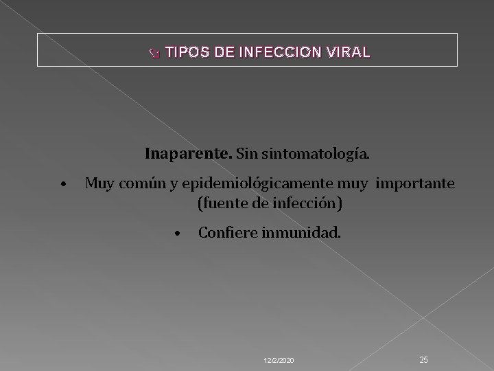  TIPOS DE INFECCION VIRAL Inaparente. Sin sintomatología. • Muy común y epidemiológicamente muy