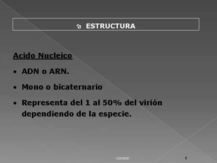  ESTRUCTURA Acido Nucleico • ADN o ARN. • Mono o bicaternario • Representa