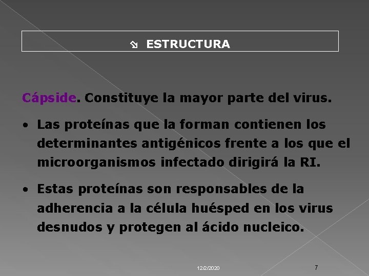  ESTRUCTURA Cápside. Constituye la mayor parte del virus. • Las proteínas que la