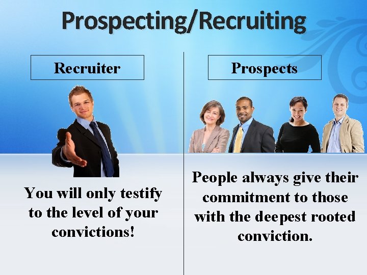 Prospecting/Recruiting Recruiter You will only testify to the level of your convictions! Prospects People