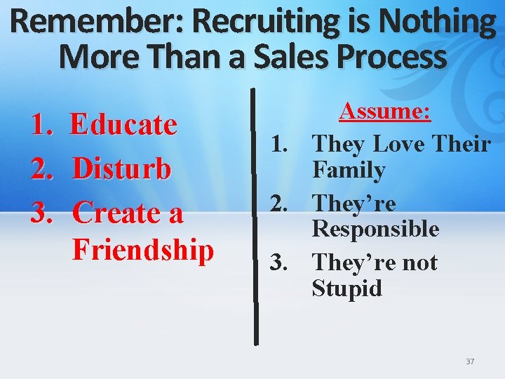 Remember: Recruiting is Nothing More Than a Sales Process 1. 2. 3. Educate Disturb
