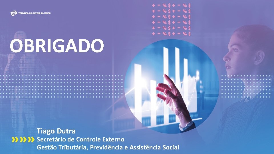 OBRIGADO Tiago Dutra Secretário de Controle Externo Gestão Tributária, Previdência e Assistência Social 