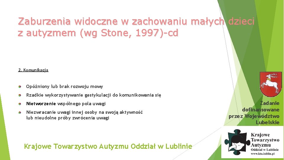 Zaburzenia widoczne w zachowaniu małych dzieci z autyzmem (wg Stone, 1997)-cd 2. Komunikacja Opóźniony
