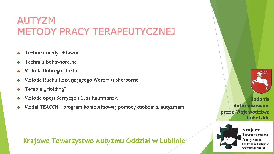 AUTYZM METODY PRACY TERAPEUTYCZNEJ Techniki niedyrektywne Techniki behawioralne Metoda Dobrego startu Metoda Ruchu Rozwijającego