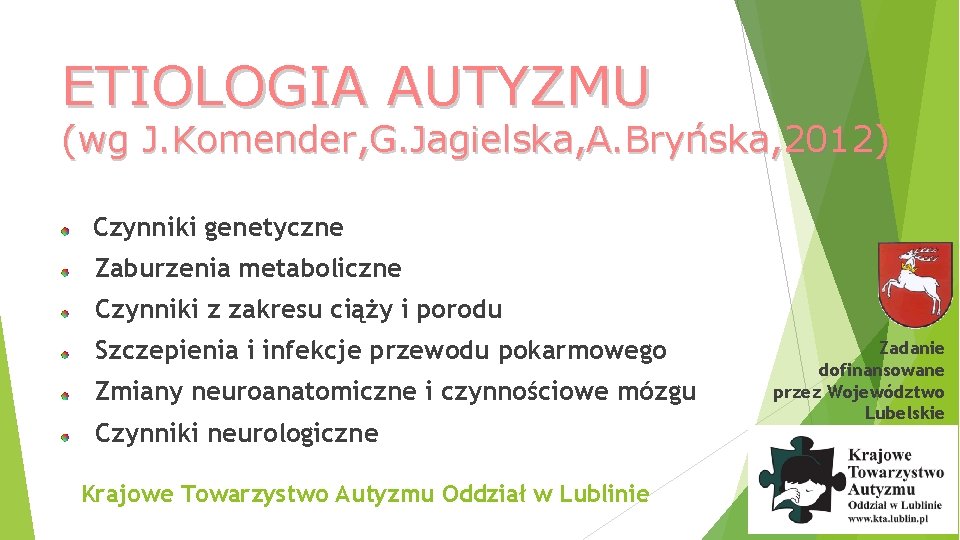 ETIOLOGIA AUTYZMU (wg J. Komender, G. Jagielska, A. Bryńska, 2012) Czynniki genetyczne Zaburzenia metaboliczne