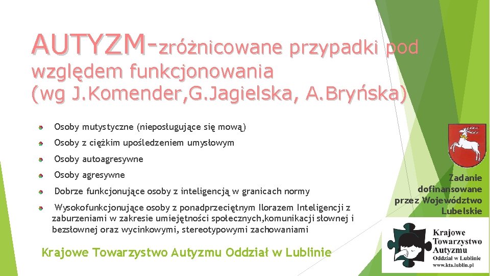 AUTYZM-zróżnicowane przypadki pod względem funkcjonowania (wg J. Komender, G. Jagielska, A. Bryńska) Osoby mutystyczne