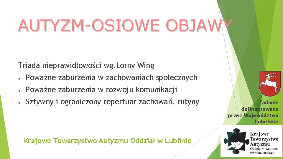 AUTYZM-OSIOWE OBJAWY Triada nieprawidłowości wg. Lorny Wing Poważne zaburzenia w zachowaniach społecznych Poważne zaburzenia