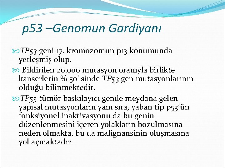 p 53 –Genomun Gardiyanı TP 53 geni 17. kromozomun p 13 konumunda yerleşmiş olup.