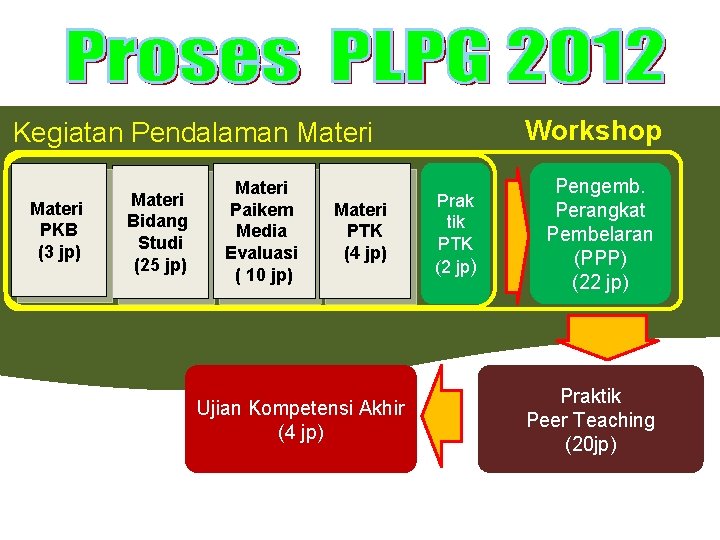 Workshop Kegiatan Pendalaman Materi PKB (3 jp) Materi Bidang Studi (25 jp) Materi Paikem