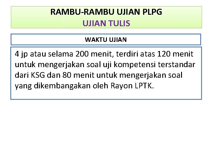 RAMBU-RAMBU UJIAN PLPG UJIAN TULIS WAKTU UJIAN 4 jp atau selama 200 menit, terdiri