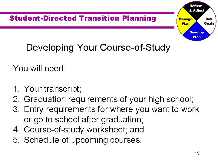 Student-Directed Transition Planning Developing Your Course-of-Study You will need: 1. Your transcript; 2. Graduation