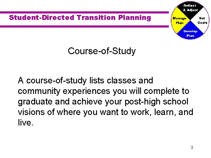 Student-Directed Transition Planning Course-of-Study A course-of-study lists classes and community experiences you will complete