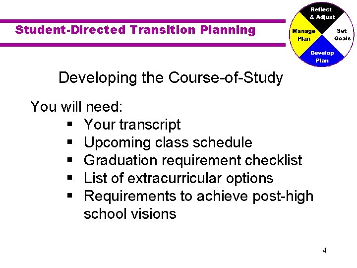 Student-Directed Transition Planning Developing the Course-of-Study You will need: § Your transcript § Upcoming