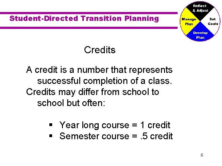 Student-Directed Transition Planning Credits A credit is a number that represents successful completion of