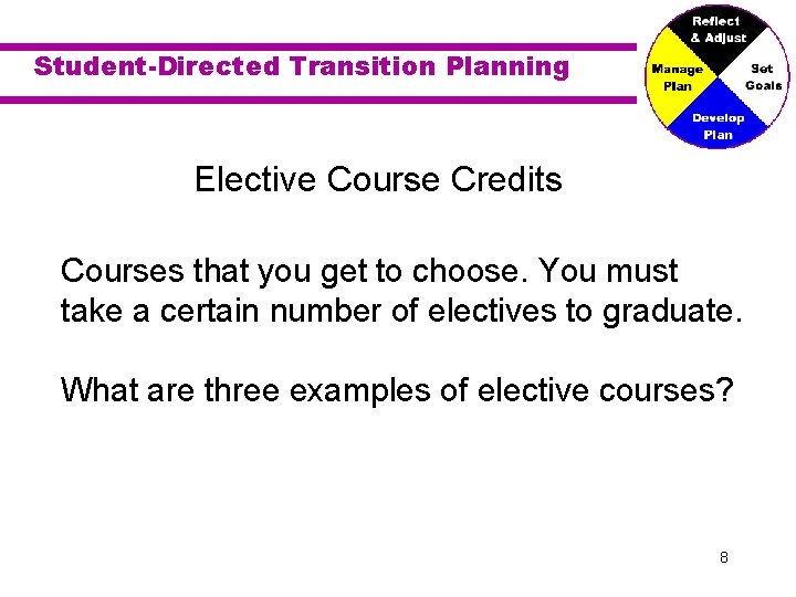 Student-Directed Transition Planning Elective Course Credits Courses that you get to choose. You must