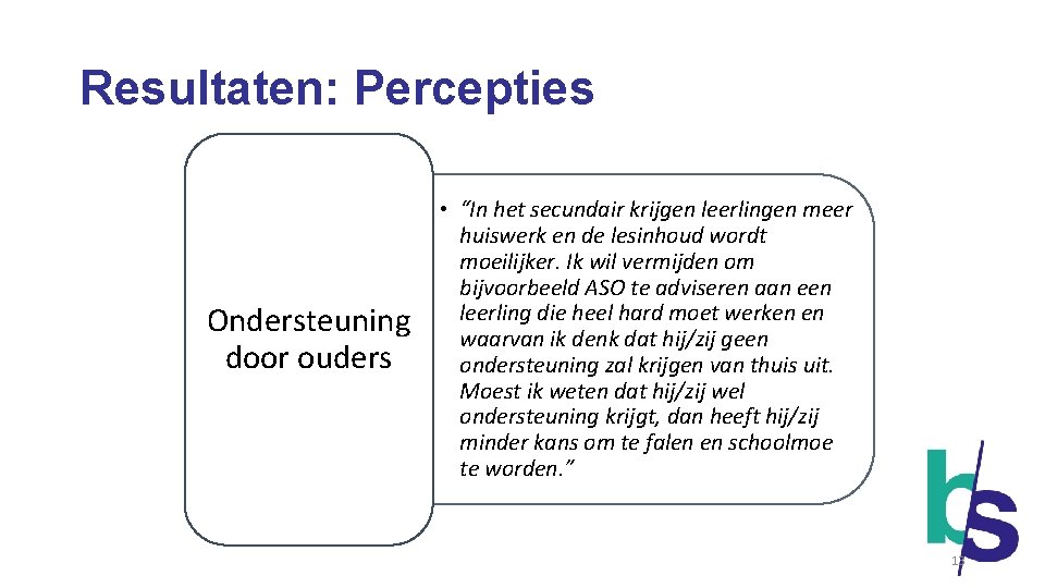 Resultaten: Percepties Ondersteuning door ouders • “In het secundair krijgen leerlingen meer huiswerk en