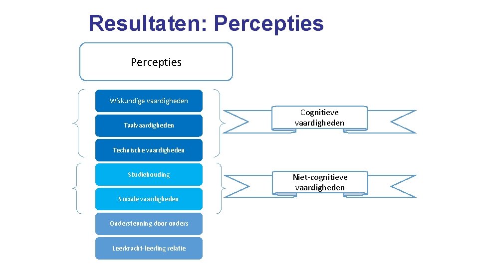 Resultaten: Percepties Wiskundige vaardigheden Taalvaardigheden Cognitieve vaardigheden Technische vaardigheden Studiehouding Sociale vaardigheden Ondersteuning door