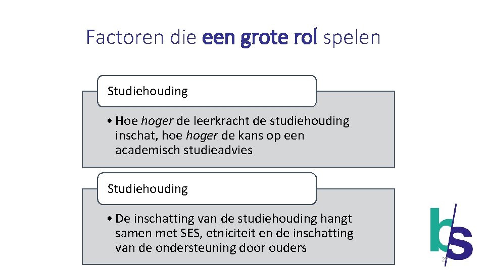 Factoren die een grote rol spelen Studiehouding • Hoe hoger de leerkracht de studiehouding