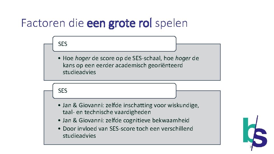 Factoren die een grote rol spelen SES • Hoe hoger de score op de