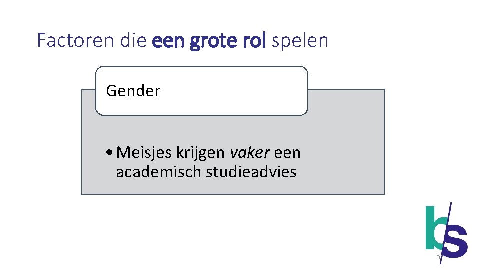 Factoren die een grote rol spelen Gender • Meisjes krijgen vaker een academisch studieadvies