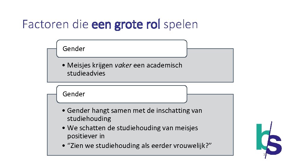 Factoren die een grote rol spelen Gender • Meisjes krijgen vaker een academisch studieadvies