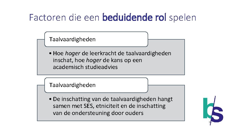 Factoren die een beduidende rol spelen Taalvaardigheden • Hoe hoger de leerkracht de taalvaardigheden