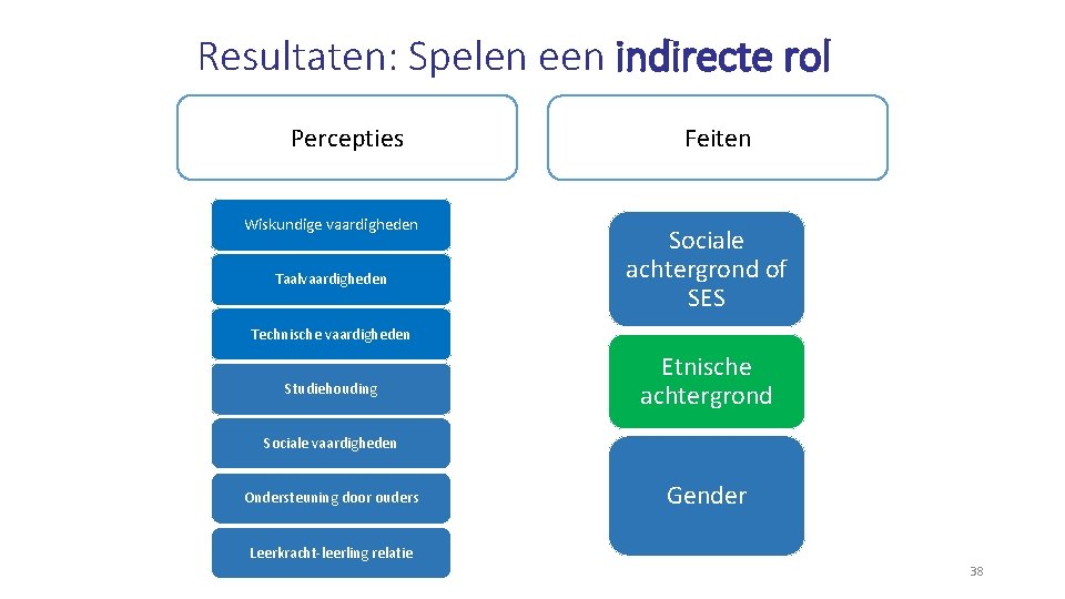 Resultaten: Spelen een indirecte rol Percepties Wiskundige vaardigheden Taalvaardigheden Feiten Sociale achtergrond of SES