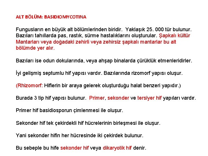 ALT BÖLÜM: BASIDIOMYCOTINA Fungusların en büyük alt bölümlerinden biridir. Yaklaşık 25. 000 tür bulunur.