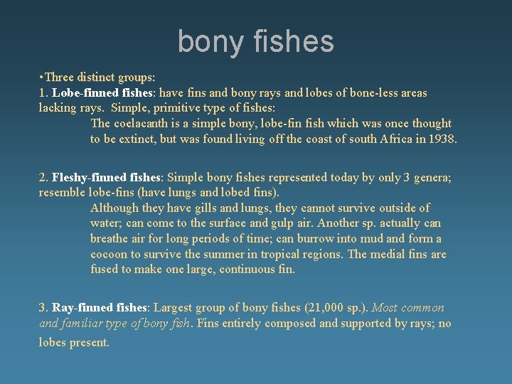 bony fishes • Three distinct groups: 1. Lobe-finned fishes: have fins and bony rays