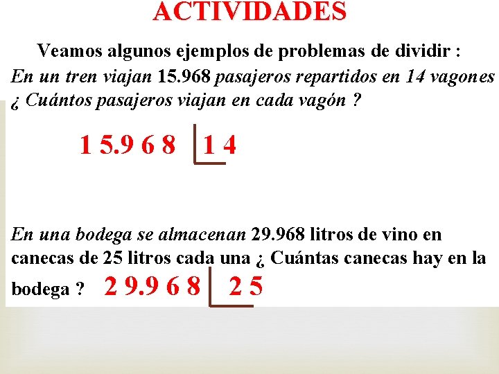 ACTIVIDADES Veamos algunos ejemplos de problemas de dividir : En un tren viajan 15.