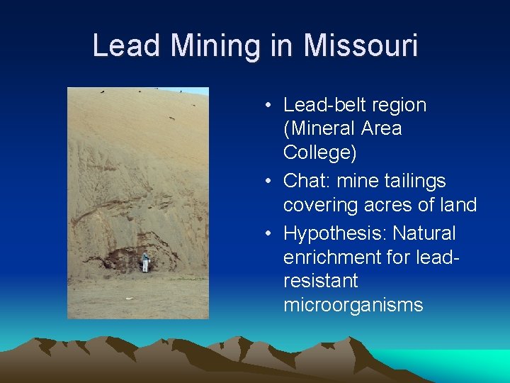 Lead Mining in Missouri • Lead-belt region (Mineral Area College) • Chat: mine tailings