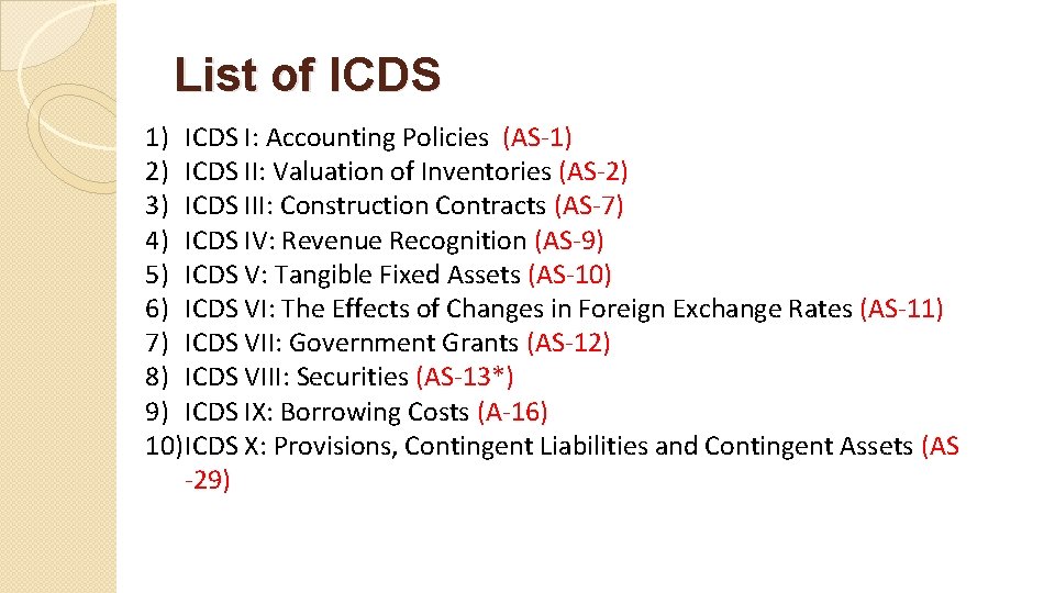 List of ICDS 1) ICDS I: Accounting Policies (AS-1) 2) ICDS II: Valuation of