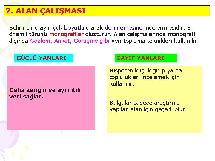 2. ALAN ÇALIŞMASI Belirli bir olayın çok boyutlu olarak derinlemesine incelenmesidir. En önemli türünü