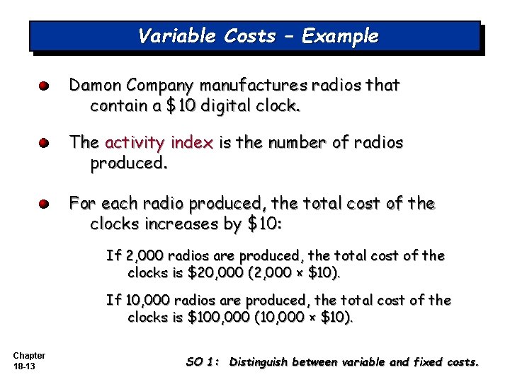 Variable Costs – Example Damon Company manufactures radios that contain a $10 digital clock. Variable Costs – Example Damon Company manufactures radios that contain a $10 digital clock.