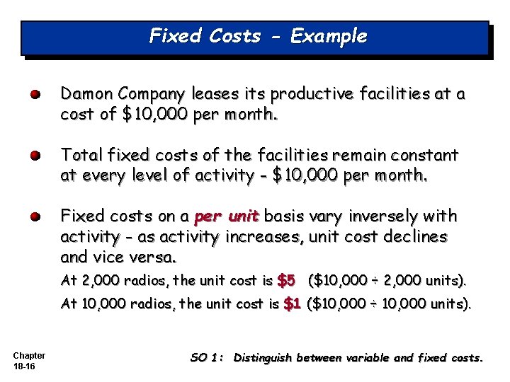 Fixed Costs - Example Damon Company leases its productive facilities at a cost of Fixed Costs - Example Damon Company leases its productive facilities at a cost of
