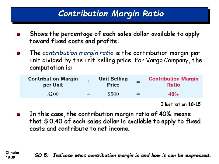 Contribution Margin Ratio Shows the percentage of each sales dollar available to apply toward Contribution Margin Ratio Shows the percentage of each sales dollar available to apply toward