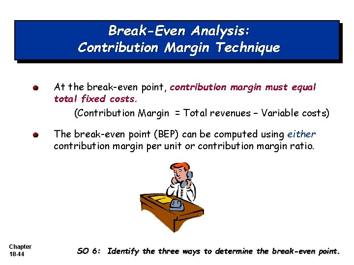 Break-Even Analysis: Contribution Margin Technique At the break-even point, contribution margin must equal total Break-Even Analysis: Contribution Margin Technique At the break-even point, contribution margin must equal total