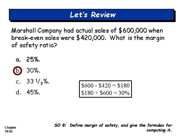 Let’s Review Marshall Company had actual sales of $600, 000 when break-even sales were Let’s Review Marshall Company had actual sales of $600, 000 when break-even sales were