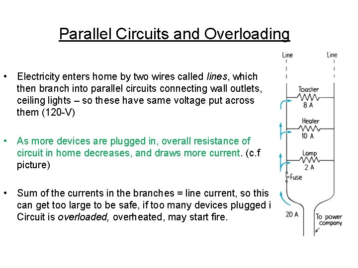 Parallel Circuits and Overloading • Electricity enters home by two wires called lines, which