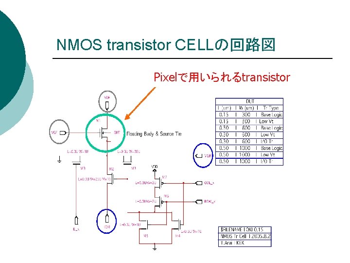 NMOS transistor CELLの回路図 Pixelで用いられるtransistor 