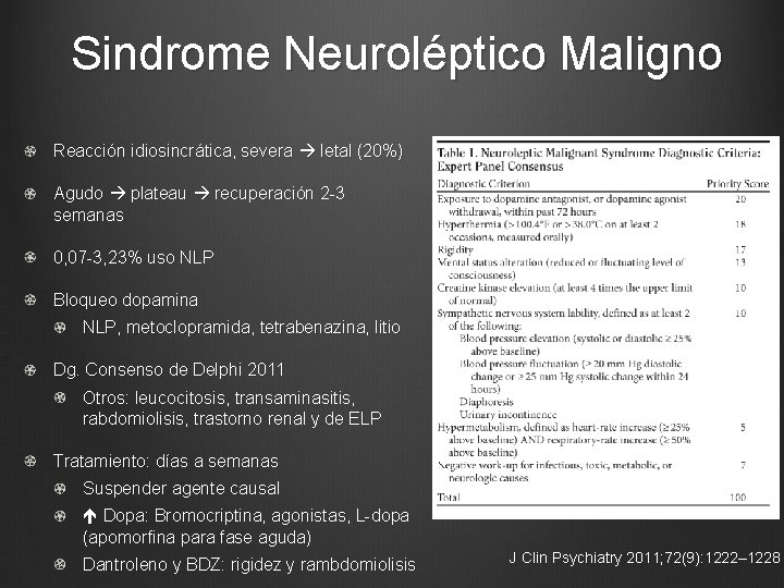 Sindrome Neuroléptico Maligno Reacción idiosincrática, severa letal (20%) Agudo plateau recuperación 2 -3 semanas