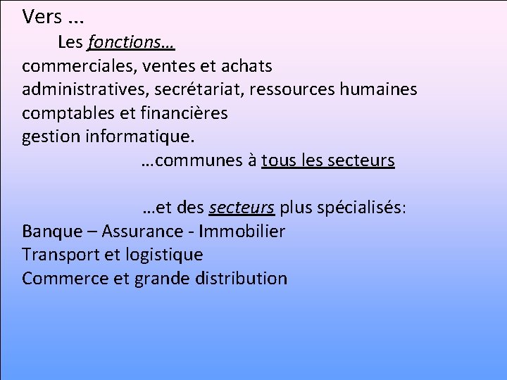 Vers. . . Les fonctions… commerciales, ventes et achats administratives, secrétariat, ressources humaines comptables