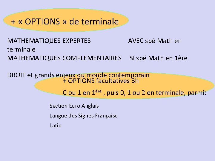 + « OPTIONS » de terminale MATHEMATIQUES EXPERTES AVEC spé Math en terminale MATHEMATIQUES